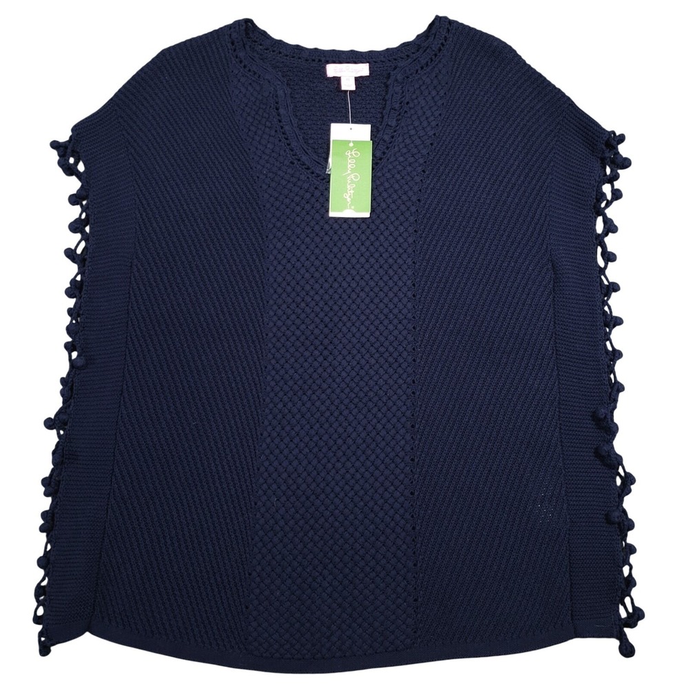 Lilly Pulitzer Keating Sweater Womens XS  Navy Blue Pom Pom‎ Textured Knit